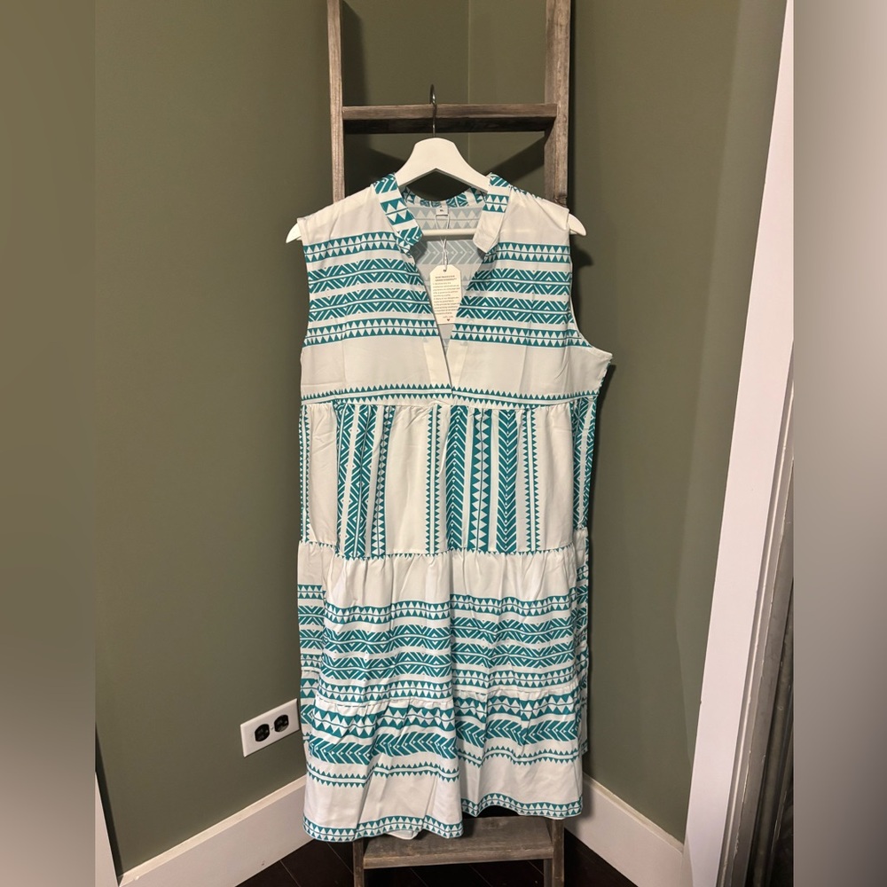 Teal and White Patterned Mini Dress